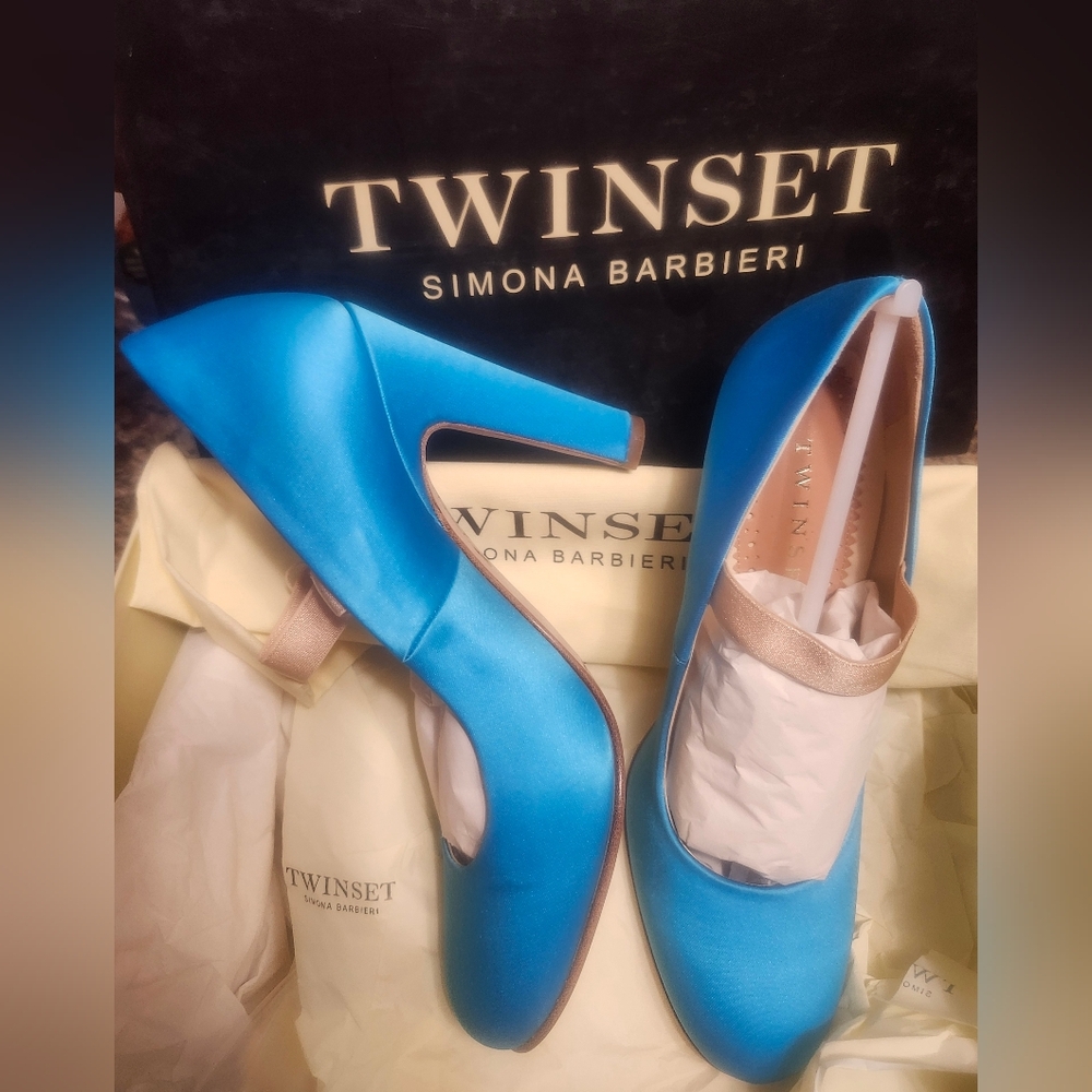 Twin-Set Blue and Light Gold Tone Strap Pump - Picture 6 of 8